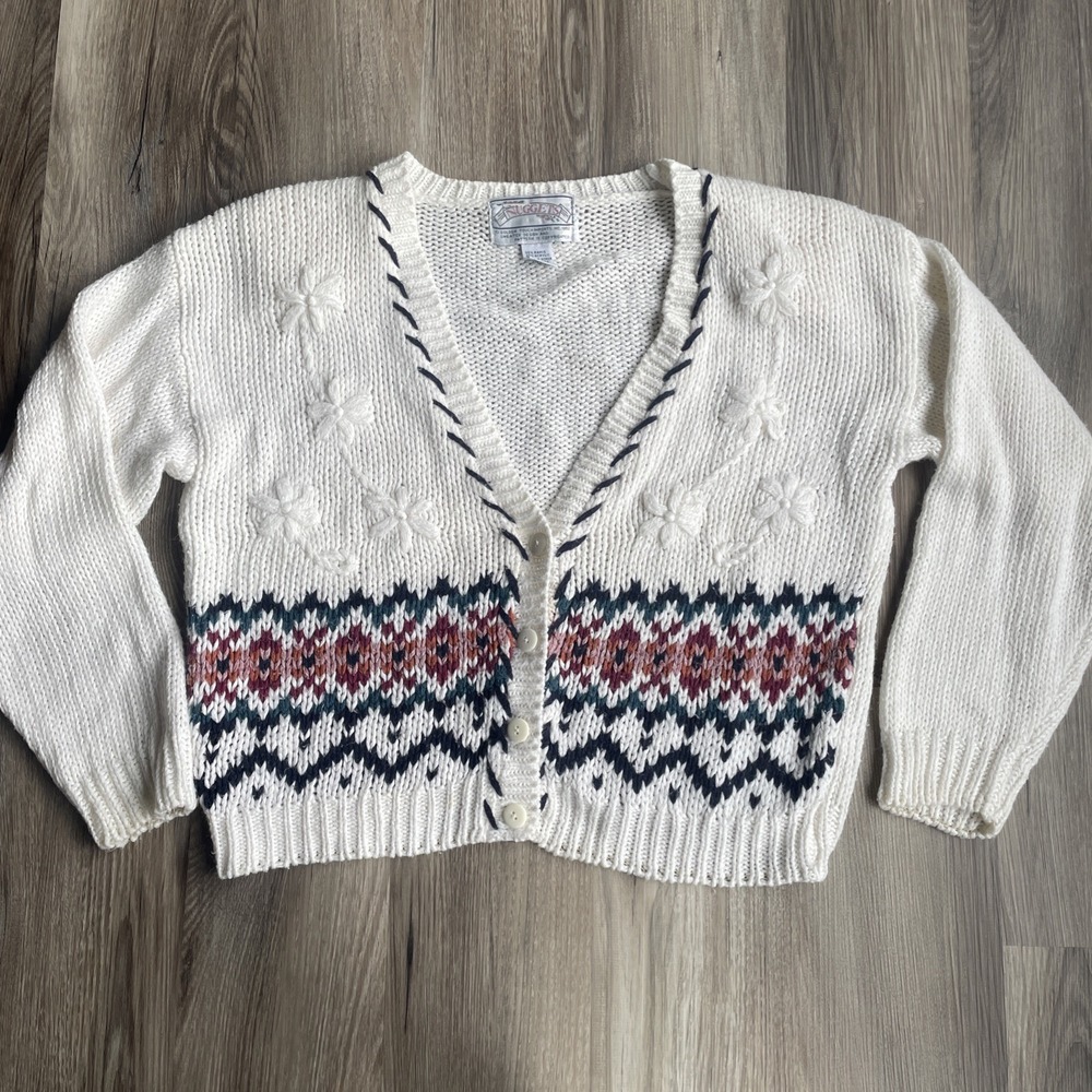 Vintage‎ Nuggets Cream Fair Isle Knit Flowers Vneck Cardigan M Cottagecore 90s